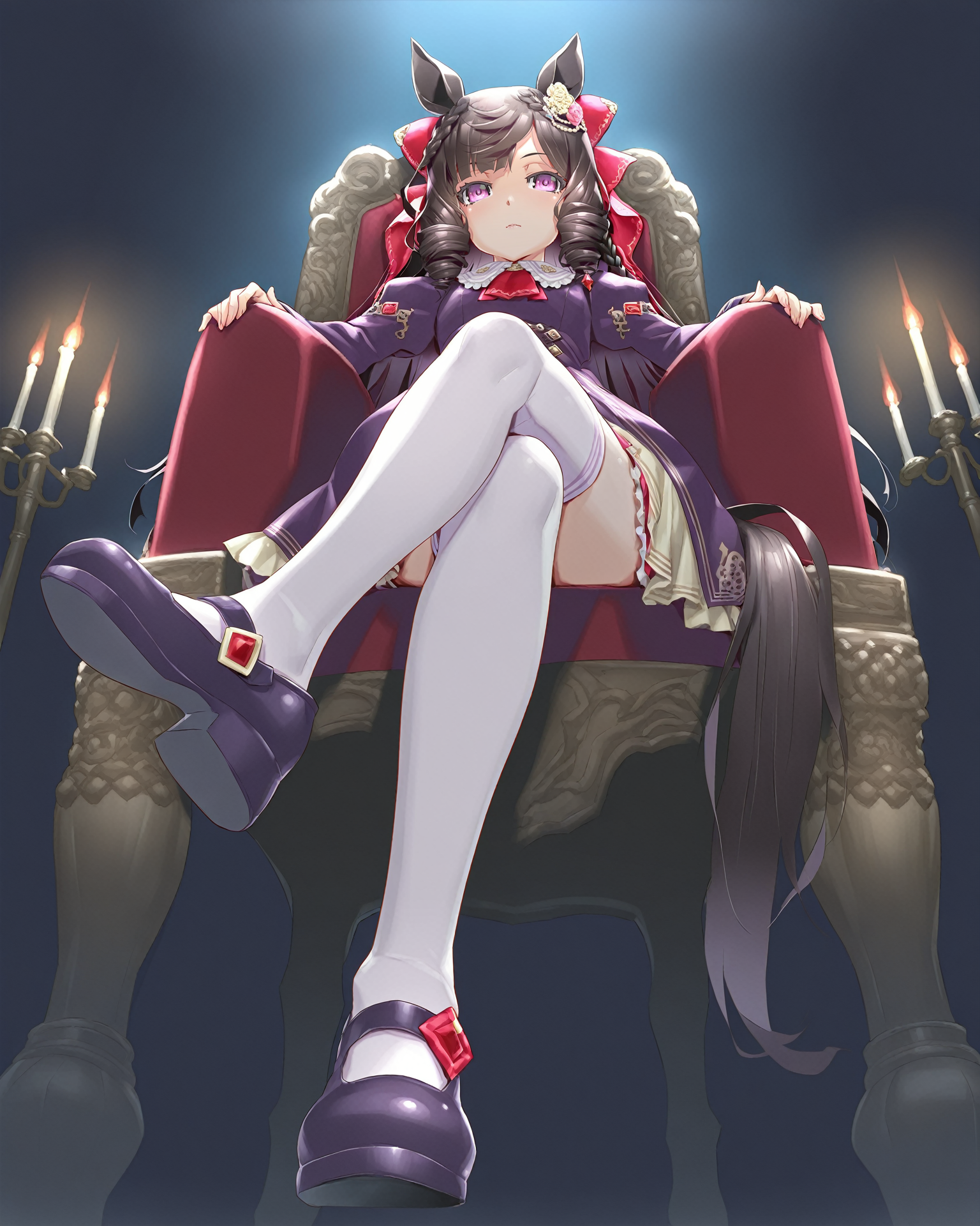 <lora:Happoubi_Jin-15:0.85>,
Happoubi_Jin,
masterpiece, best quality,1girl, solo,
daiichi ruby \(umamusume\), horse girl, horse tail, 
sitting, on chair, throne, sitting_on_throne, expressionless, safe pos,
mary janes, from below, crossed_legs ,  footwear focus,  looking at viewer, looking down, foot_dangle, 
dark room, dark background, candle,