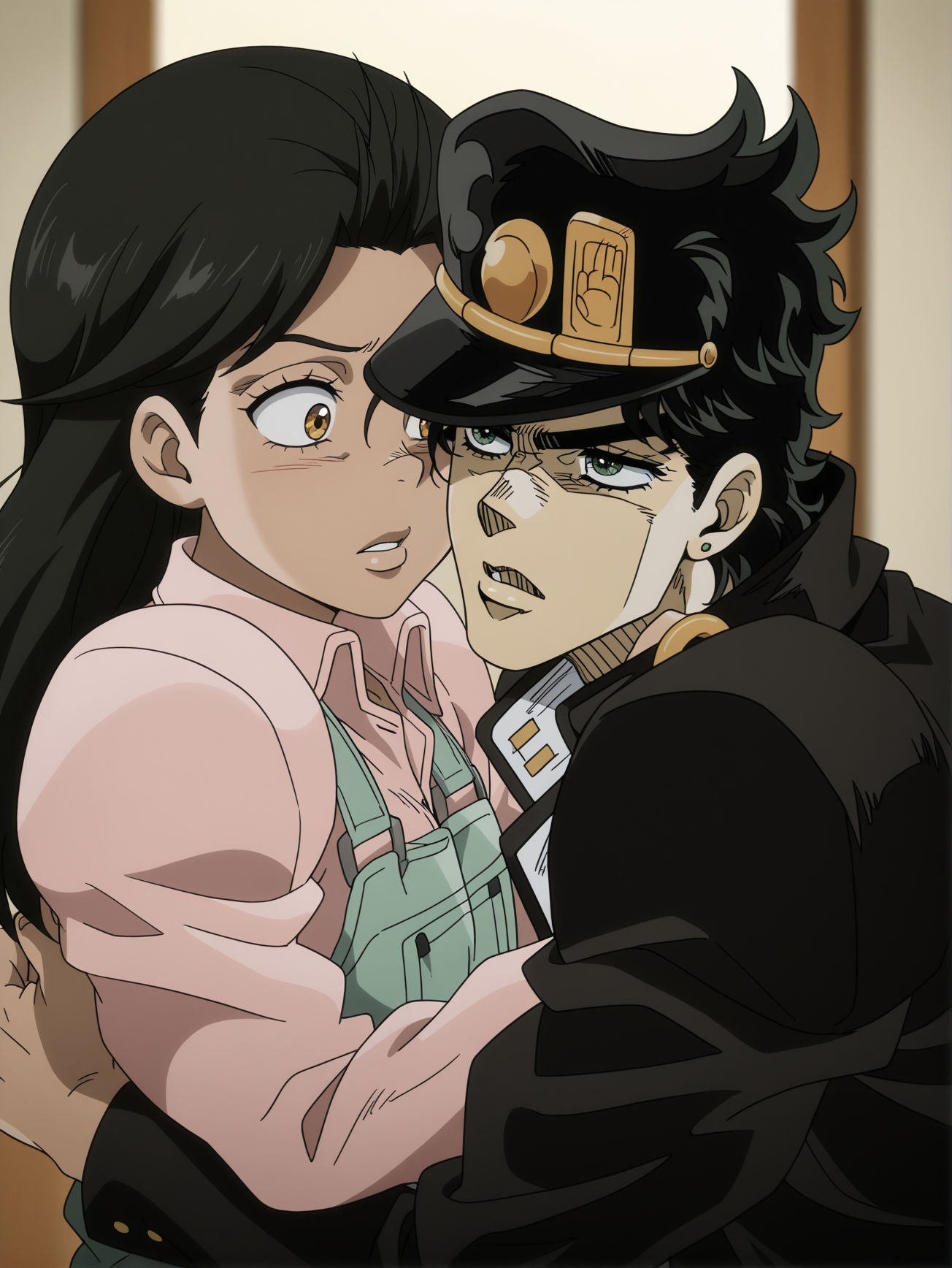 masterpiece, best quality, amazing quality, absurdres, newest, dynamic_angle, defined facial features, anime coloring, anime screencap, white background:1.5,
<lora:Anne_Merlai_IL1.1v0:1.2>merlai anne, pink shirt, green overalls, age up, hug, looking at viewer, 1girl, BREAK 1boy, kujo jotaro, hug, from side, looking at viewer,