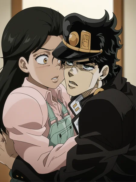 masterpiece, best quality, amazing quality, absurdres, newest, dynamic_angle, defined facial features, anime coloring, anime screencap, white background:1.5,
<lora:Anne_Merlai_IL1.1v0:1.2>merlai anne, pink shirt, green overalls, age up, hug, looking at viewer, 1girl, BREAK 1boy, kujo jotaro, hug, from side, looking at viewer,