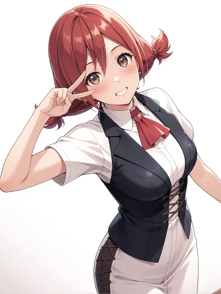 masterpiece,best quality,newest,
1girl,solo,
<lora:t_hibari_ilxl_v1.0:1>,t_h,short twintails,red hair,brown eyes,h_clothes,red ascot,black vest,white skirt,
<lora:Fixhands_anime_bdsqlsz_V1:1>,dynamic_angle,cinematic_angle,simple_background,white_background,face_focus,grin,light_blush,looking_at_viewer,smile,v over eye,cowboy_shot,