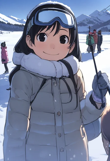 <lora:comiclo_a31:1>,snow, goggles, sky, black hair, outdoors, winter, black eyes, smile, multiple girls, day, 1girl, gloves, multiple boys, goggles on head, winter clothes, solo focus, coat, long hair, mountain, jacket, child, power lines