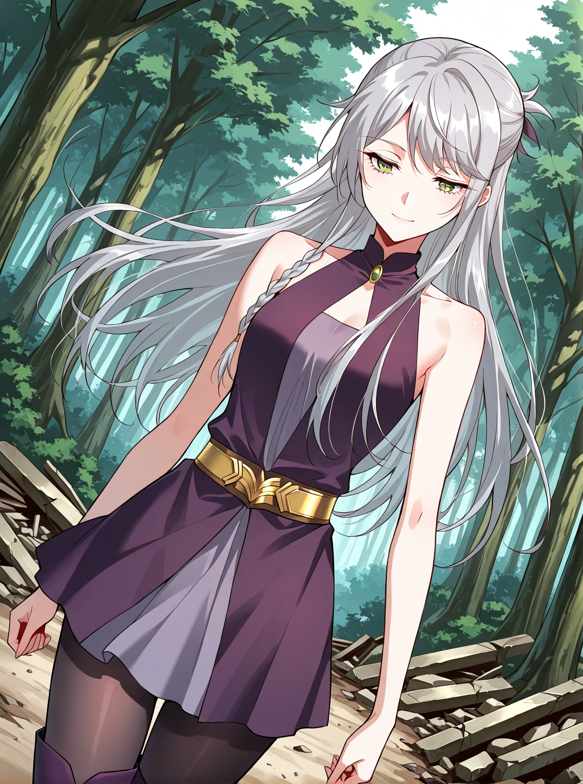 <lora:Ye_Liuli__I_am_the_Fated_Villain__Illustrious:1>
1 girl, solo, gray hair, loose hair, long hair, small braid, green eyes, small breasts
purple dress, short skirt, black tights, purple boots, sleeveless dress, bare shoulders, gold belt
score_9, score_8_up, score_7_up, very aesthetic, source_anime, detailed, high quality, beautiful, masterpiece, detailed eyes, forest, tree, ruins, cowboy shot, dynamic angle, upper body, light smile, dynamic pose