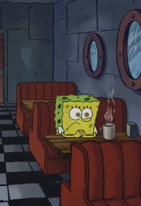 score_9, score_8_up, score_7_up, (Fixhand), source_anime, furry male, solo, black fur, animal ears, yellow eyes, sharp teeth, claws, BREAK, mikus-concept, sitting alone in an empty diner, looking ahead with a thoughtful and sad expression on his face, hands folded on the table in front of a cup of hot drink, red sofas are visible in the background, sitting, sitting on a red sofa,