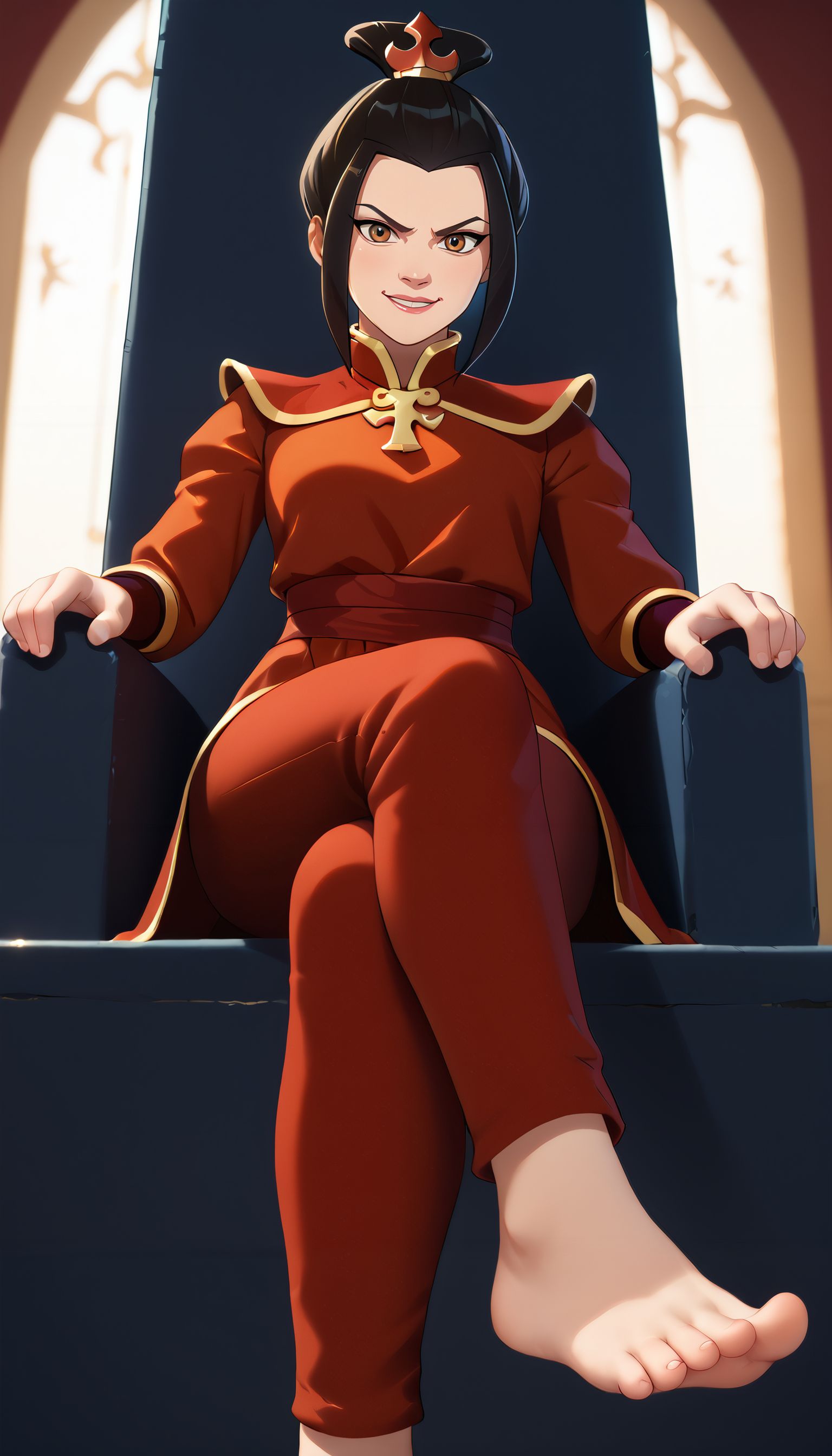 zPDXL3,  <lora:LunarCAT_Style:.8>, sitting, cross legged, foot focus, from below,  <lora:Sitting_Cross_Legged_r1:.8>,
NM_Azula_atla, brown eyes, black hair, topknot, red dress, long sleeves, red pants, feet, looking at viewer, serious, smiling, on throne,  inside palace,  <lora:NM_Azula_atla:.6>