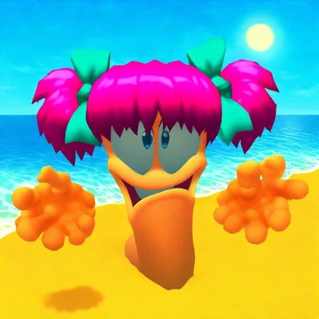 wormsteam17, mayhemworm, female worm, 1worm, solo, animal focus, eyebrowless, worm hands, looking at viewer, smile, blue eyes, pink hair, bangs, short twintails, teal hairbows on twintails, outdoors, beach, sand, ocean, sun, day, vibrant, masterpiece, best quality, newest, absurdres, highres, safe