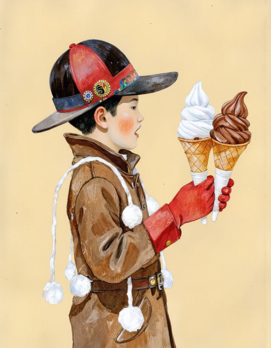By Taiyo Matsumoto. A playful illustration shoot from the side about a boy wearing a striped hat and a brown coat, holding two ice cream cones. the image also shows a beige background. on the middle of the image, a boy, with black hair, wearing a brown jacket with white pom-poms, red gloves, and a red and black striped hat with a badge that says "S". he is facing the viewer, with his mouth open, and his eyes are closed. he is holding a large ice cream cone in his right hand, with a scoop of chocolate ice cream in his left hand. the boy's expression is one of joy and excitement, and he seems to be enjoying the treat. <lora:Taiyo_Matsumoto-000008:0.8>