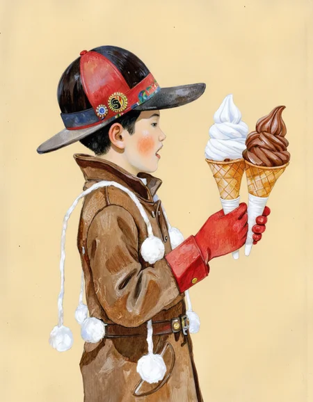 By Taiyo Matsumoto. A playful illustration shoot from the side about a boy wearing a striped hat and a brown coat, holding two ice cream cones. the image also shows a beige background. on the middle of the image, a boy, with black hair, wearing a brown jacket with white pom-poms, red gloves, and a red and black striped hat with a badge that says "S". he is facing the viewer, with his mouth open, and his eyes are closed. he is holding a large ice cream cone in his right hand, with a scoop of chocolate ice cream in his left hand. the boy's expression is one of joy and excitement, and he seems to be enjoying the treat. <lora:Taiyo_Matsumoto-000008:0.8>