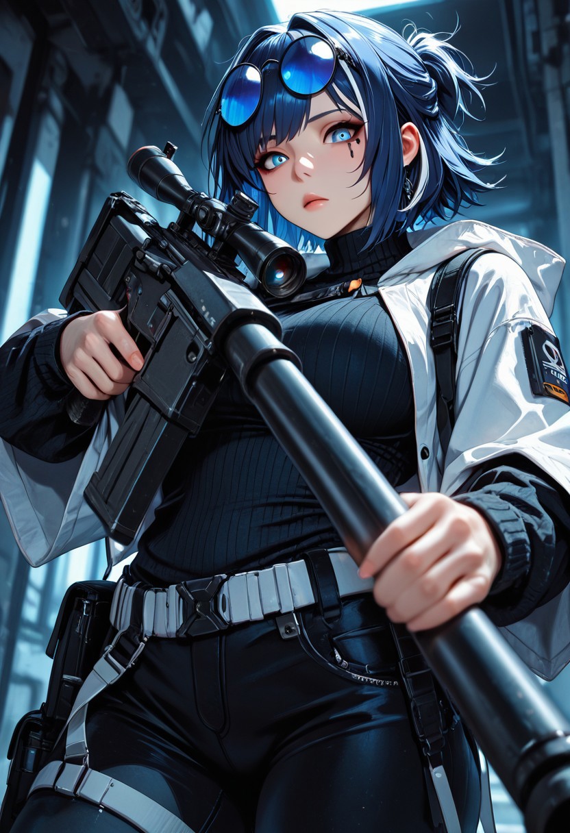 highres, very detailed, amazing quality, masterpiece,
very aesthetic,
particle effect,
1girl, Andreana from Arknights, large breasts, curvy, short hair, streaked hair, blue hair, white hair, short ponytail, blue eyes, round eyewear on eyes, blue-tinted eyewear, white jacket, hooded jacket, hood down, open jacket, layered sleeves, short over long sleeves, black sweater, turtleneck sweater, black pants, white belt, black bag, fanny pack,
Aiming a sniper, holding a sniper rifle, looking down scope, looking at viewer, 
Close up, depth of field, ray_tracing, cowboy shot, extreme foreshortening, very aesthetic, cinematic,