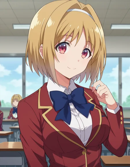 score_9, score_8_up, score_7_up, source_anime,
kikyoukushida, <lora:kikyou-kushida-s2-ponyxl-lora-nochekaiser:1>,
kikyou kushida, short hair, blonde hair, red eyes, hairband, hair intakes,
shirt, long sleeves, bow, school uniform, jacket, white shirt, bowtie, blue bow, blazer, red blazer,
indoors, classroom, smile,
looking at viewer, dutch angle, cowboy shot,