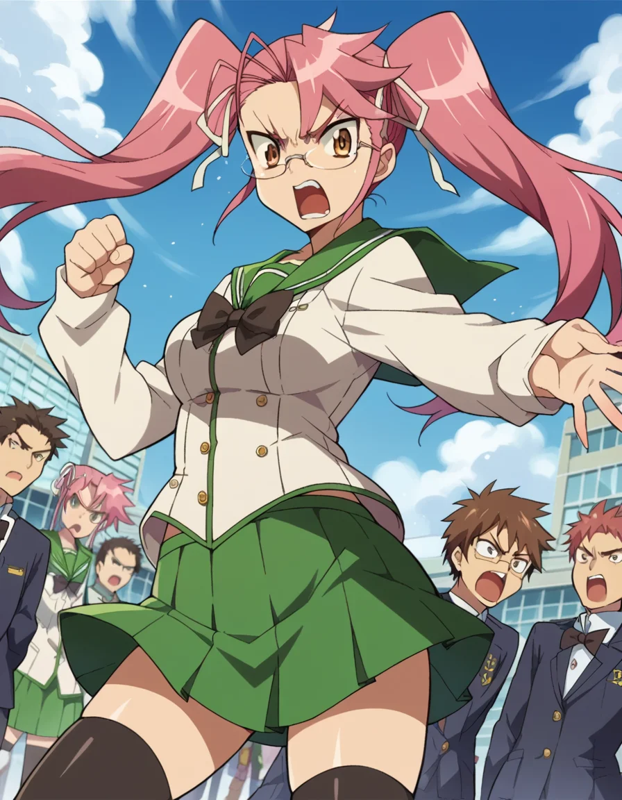 score_9, score_8_up, score_7_up, source_anime,
sayatakagi, <lora:saya-takagi-ponyxl-lora-nochekaiser:1>,
saya takagi, long hair, ribbon, twintails, brown eyes, hair ribbon, pink hair, glasses, angry, shouting,
skirt, thighhighs, school uniform, serafuku, zettai ryouiki, green skirt, bowtie, long sleeves, black thighhighs, black bowtie,
outdoors, cityscape, zombies, crowd, people,
looking at viewer, cowboy shot, dutch angle,