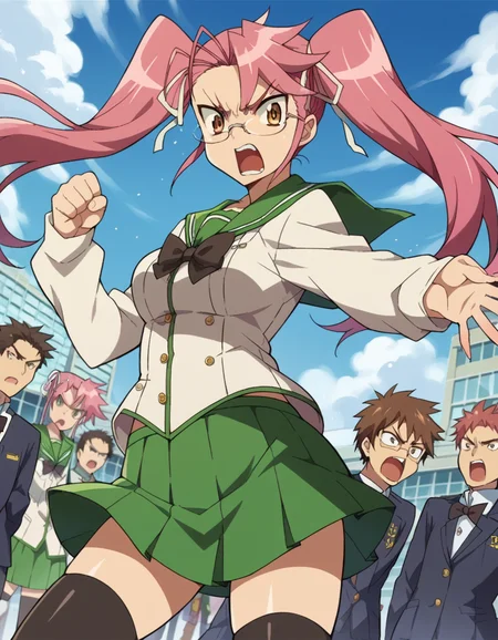 score_9, score_8_up, score_7_up, source_anime,
sayatakagi, <lora:saya-takagi-ponyxl-lora-nochekaiser:1>,
saya takagi, long hair, ribbon, twintails, brown eyes, hair ribbon, pink hair, glasses, angry, shouting,
skirt, thighhighs, school uniform, serafuku, zettai ryouiki, green skirt, bowtie, long sleeves, black thighhighs, black bowtie,
outdoors, cityscape, zombies, crowd, people,
looking at viewer, cowboy shot, dutch angle,