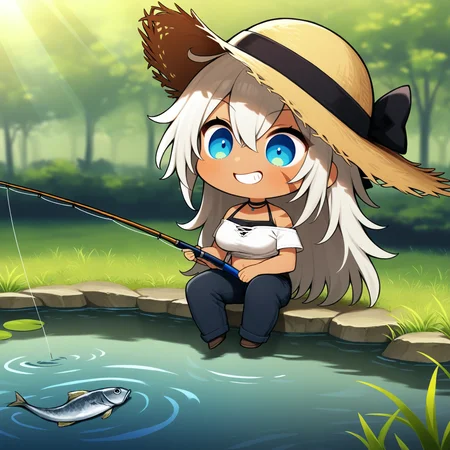 safe, masterpiece, best quality, outside, pond, sunlight
BREAK solo, indiana, face scar, chibi, sitting, straw hat, shirt, fishing rod, fishing, fish, grin, happy
<lora:Indiana_NAIXL_v11:0.8>