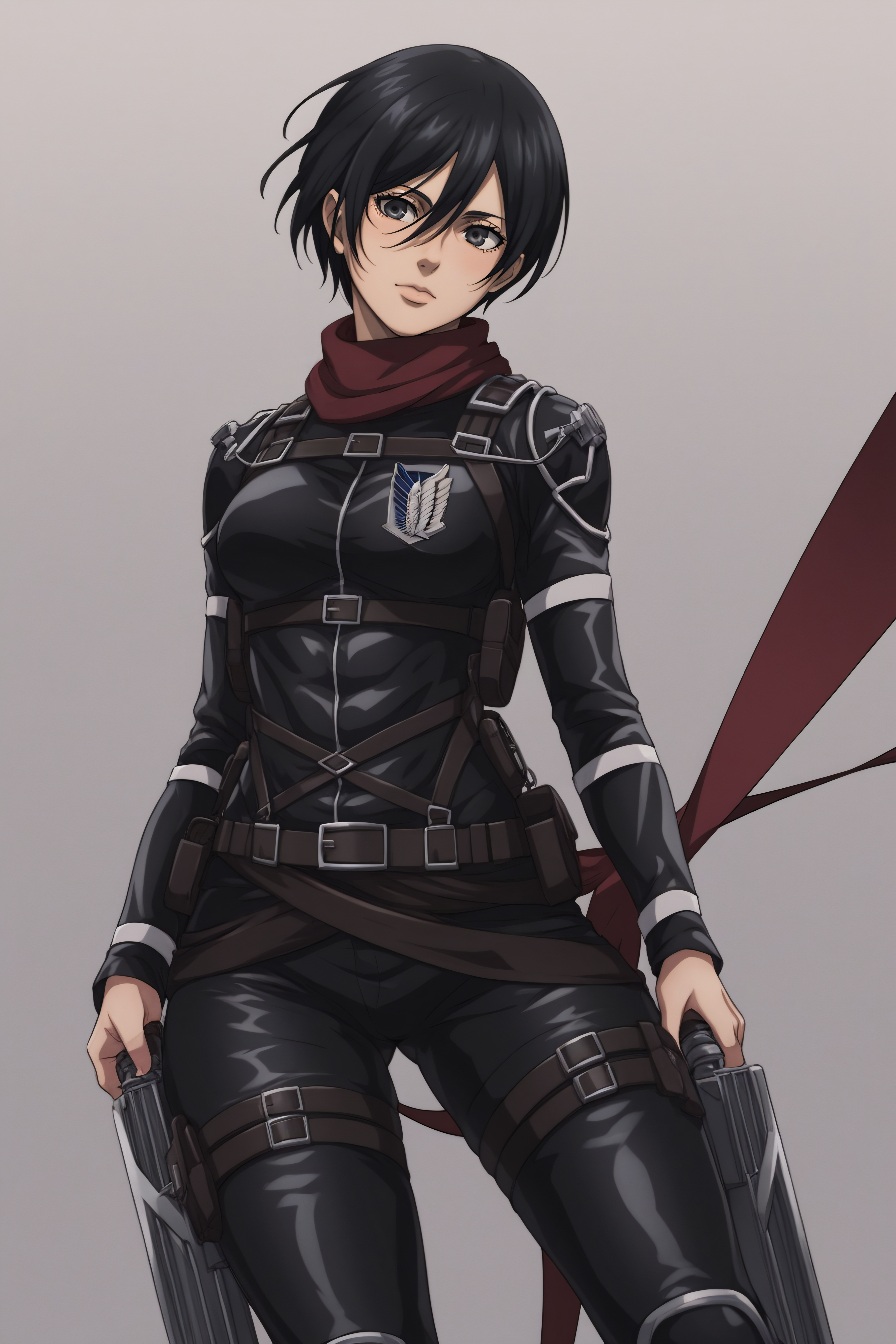 score_9, score_8_up, score_7_up, BREAK source_anime, <lora:adult mikasa ackerman-PonyXL-lora-faxtron:0.8> adult mikasa ackerman, black eyes, black hair, short hair, medium breasts, military uniform, armor, belt, thigh strap,