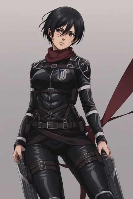 score_9, score_8_up, score_7_up, BREAK source_anime, <lora:adult mikasa ackerman-PonyXL-lora-faxtron:0.8> adult mikasa ackerman, black eyes, black hair, short hair, medium breasts, military uniform, armor, belt, thigh strap,