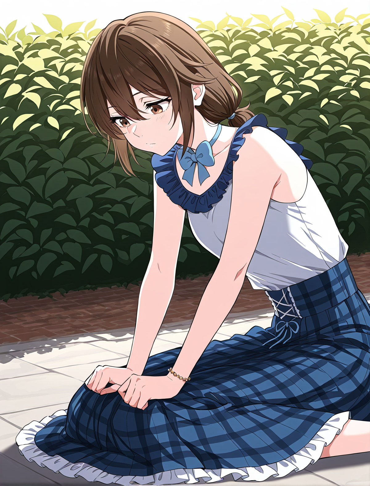 <lora:Eleanor_Leywin__The_Beginning_After_the_End__Illustrious:1>
1 girl, solo, brown hair, brown eyes, bangs, small breasts
dress, blue skirt, plaid skirt, long skirt, white shirt, bracelete, blue bowtie, jewelry, frills, twintails, low twintails, hair between eyes, shirt sleeveless, medium hair
score_9, score_8_up, score_7_up, masterpiece, best quality, absurdres, perfect anatomy, 1girl, solo, wariza, sitting, hands on own knees, garden background