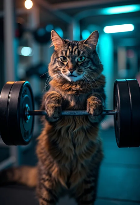 A muscular fluffy, medium-sized cat named Allie with a mottled coat featuring dark brown and black tabby stripes standing confidently on its hind legs, lifting a small, weighted barbell with intense focus. The scene is set in a modern gym with sleek black and silver equipment around. The lighting is dynamic, casting strong highlights and shadows across the cat’s muscular form, accentuating its strength and grit. The color palette is moody, with deep grays and pops of electric blue and neon green from gym lights. The atmosphere is energizing and intense, capturing the determination of the cat. Photorealistic details emphasize the cat's fur, whiskers, and the reflection of gym lights in its focused eyes.