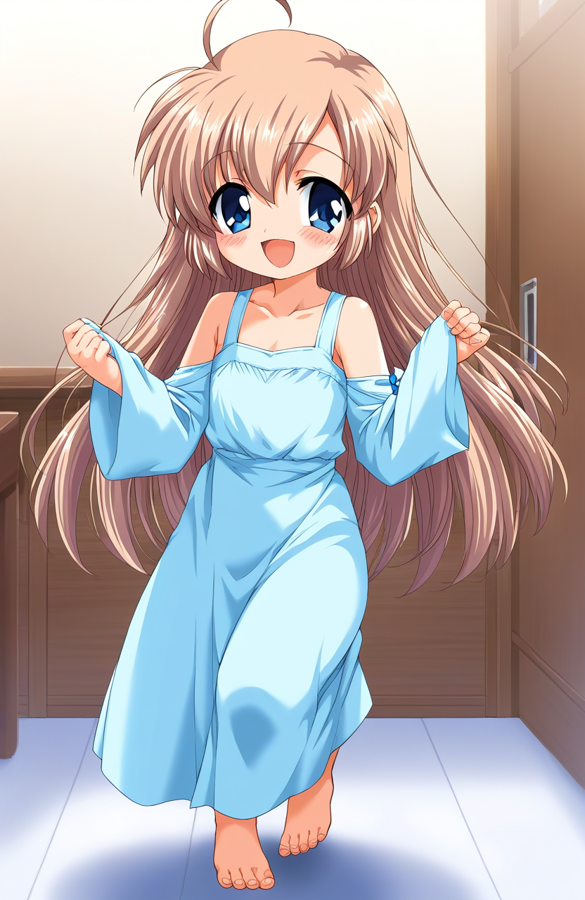 score_9, score_8_up, score_7_up, source_anime, rating_explicit, BREAK <lora:Mizuki_Shiori_XL:1>Mizuki_Shiori, blue eyes, flat chest, brown hair, short stack,
solo, barefoot, long hair, blush, light blue dress, smile, open mouth, ahoge, feet, standing, looking at viewer, :d,  bare shoulders, ribbon, room, flooring,
long sleeve, long skirt,
