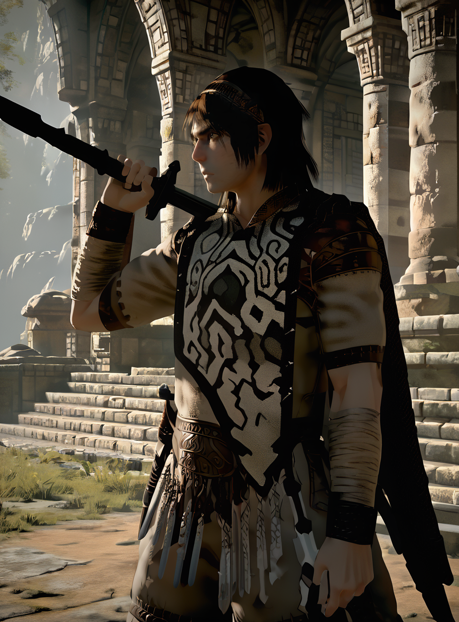 score_9, score_8_up, score_7_up, <lora:wanderpxl:1>, lora:wanderpxl, 1boy,  best quality, masterpiece, stanwan, holding sword, headband, poncho,
