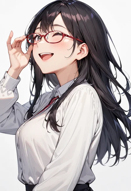 masterpiece, best quality, very aesthetic, absurdres,
1girl, solo, black hair, long hair,
oval_cell, glasses, red-framed eyewear,
collared shirt, happy, smile, looking at another, adjusting eyewear, white background, simple background,
<lora:oval_glasses_cell-frame2_SDXL_V1:0.8>