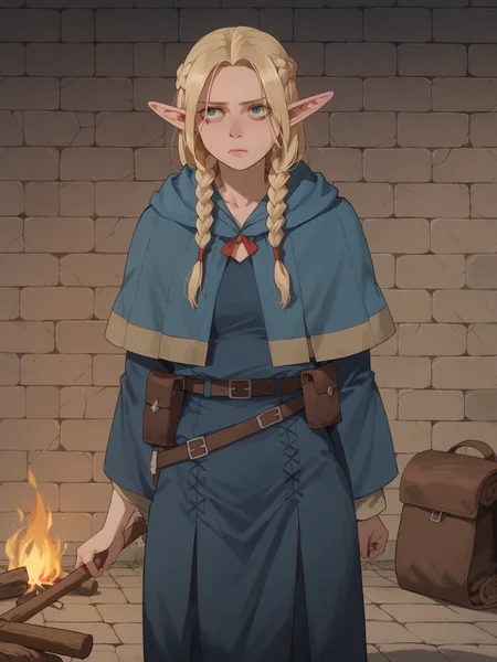 score_9, score_8_up, score_7_up, score_6_up, 1girl, elf, Marcilledonato, angular face, blue capelet, twin braids, blue robe, belt, pouch, hungry, campfire, bedrolls, shadows, stone dungeon, very clear image, detailed character design, ultra-high resolution, perfectly composed, clear, breathtaking attention to detail, highres, ultra detail, 8k wallpaper,