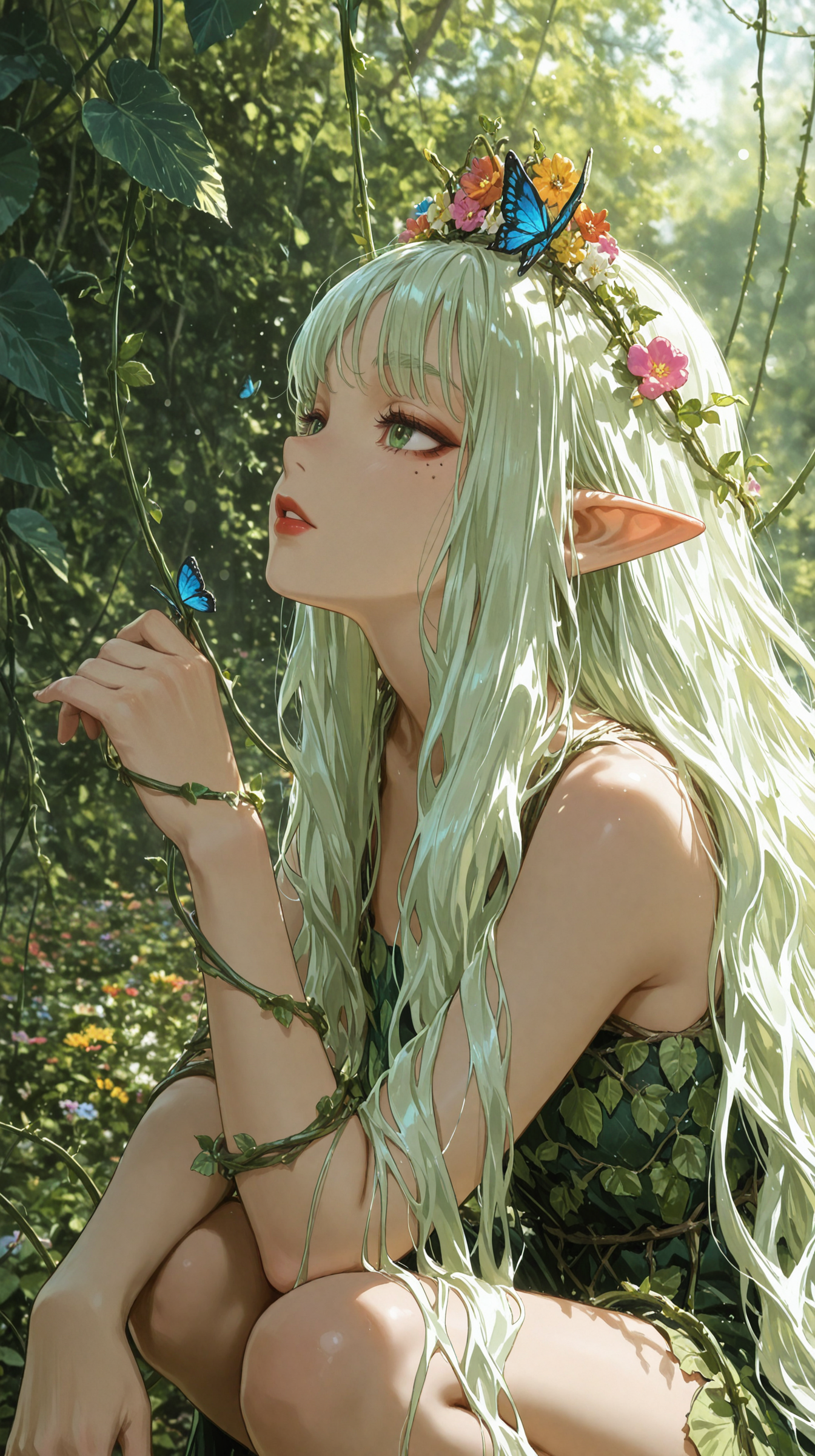 1girl, solo, elf, pointy ears, light green hair, very long hair, wavy hair, flower tiara, floral hair ornament, colorful flowers, thick eyebrows, green eyebrows, dark green eyes, detailed eyes, brown eyeshadow, eyeshadow under eye, red lips, parted lips,
leaf dress, vine straps, bare thighs, vines around arm, intricate pattern, intricate details, crouching, vines, too many butterflies,  flowers, garden, trees, bokeh, blurry background, depth of field, 
natural lighting, outdoors lighting, sunny, 
side view, facing to the side, looking to the side,    
masterpiece,best quality,amazing quality,very aesthetic,absurdres,newest, anime coloring