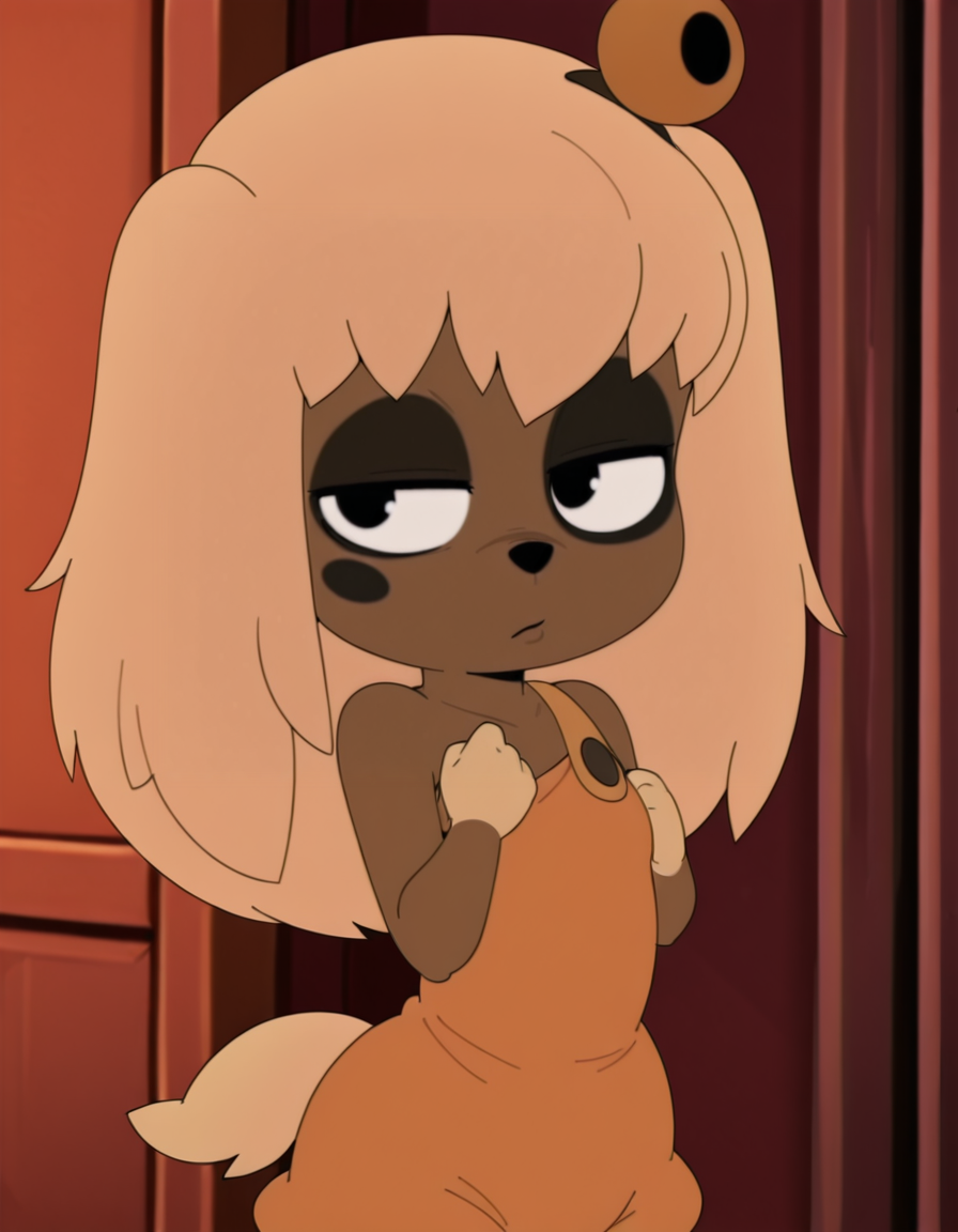 <lora:LilotteIllustrious1.0JLFO:1> lilotte, solo, furry female, 1girl, long hair, dog ears, black eyes, orange overalls, blonde hair, tail, hair bell, animal nose, looking at viewer,