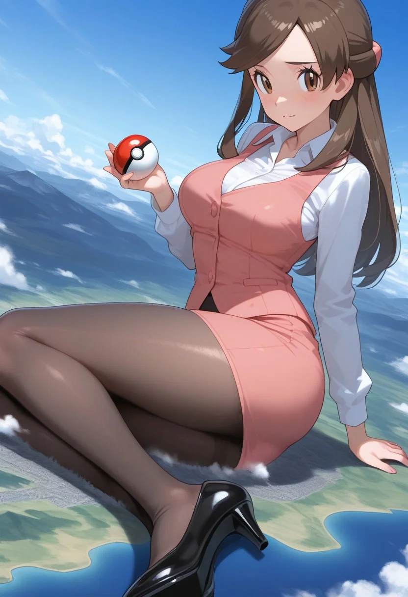 2d, masterpiece, best quality, amazing quality, highres, absurdres, newest, 1girl, solo, sitting, yokozuwari, from above, dutch angle, looking at viewer, day, sky, medium breasts, olbw, office worker \(pokemon\), office lady, brown eyes, long hair, brown hair, hair ornament, pink vest, white shirt, collared shirt, long sleeves, pink skirt, pencil skirt, black pantyhose, high heels, black footwear,tall,adult,holding pokeball,
giantess,giga size,landscape,cloud,mountain,liver,sea,