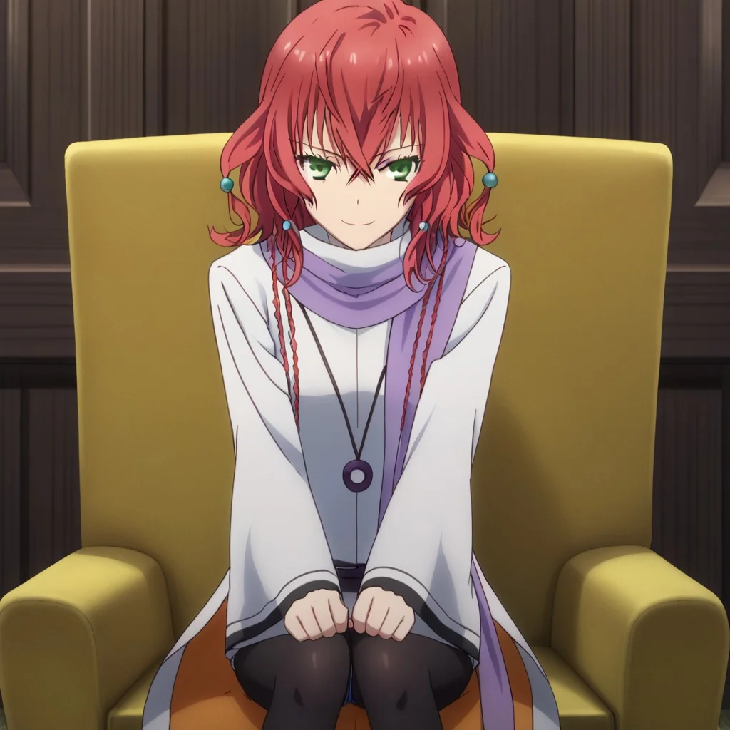 score_9, solo, souma_takiko, red hair, green eyes, scarf, hair ornament, necklace, pantyhose, sitting, chair, smirk, looking at viewer, indoors