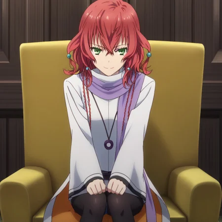 score_9, solo, souma_takiko, red hair, green eyes, scarf, hair ornament, necklace, pantyhose, sitting, chair, smirk, looking at viewer, indoors