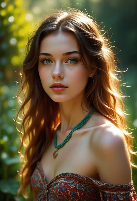 neoteny, soft jaw, small mouth, wideset eyes, barely, clothed, skinny, small tits, light makeup, round face, lipstick, european, body, portrait, 1girl, solo, long hair, jewelry, necklace, upper body, parted lips, looking at viewer, brown hair, lips, realistic, green eyes, bare shoulders, outdoors, blue eyes, blonde hair, collarbone, day, depth of field, messy hair, small breasts, breasts, forehead, arms at sides, eyelashes, photorealistic, slightly wavy hair, pair skin, eyeshadow, cute, innocent expression, artistic shot, photorealistic