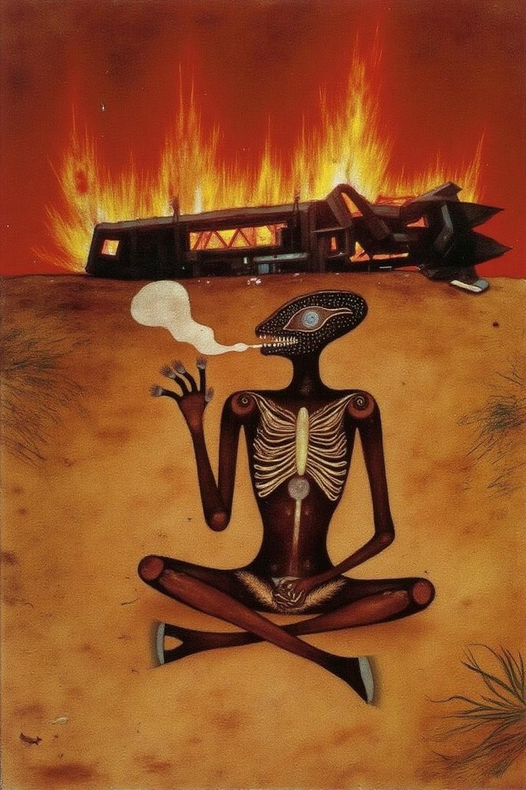 paulklee1 painting. 
 Xenomorph, puffing a cigarette, sitting cross-legged on the ground, a crashed burning spaceship wreckage in the background, desert  <lora:paulklee1_cap_d8a4e6:1.0><lora:839167546847528934:0>