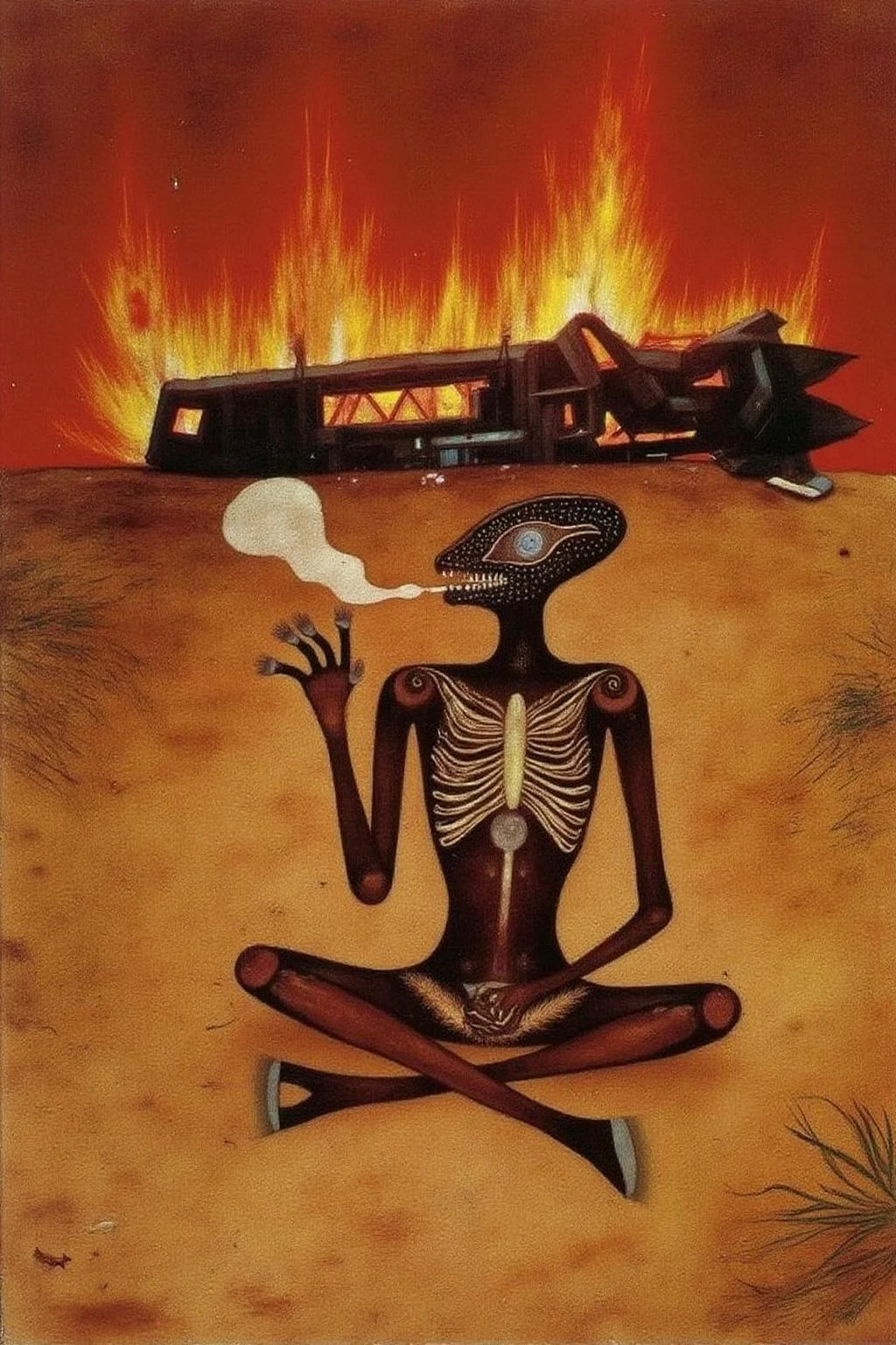 paulklee1 painting.
Xenomorph, puffing a cigarette, sitting cross-legged on the ground, a crashed burning spaceship wreckage in the background, desert <lora:paulklee1_cap_d8a4e6:1.0><lora:839167546847528934:0>