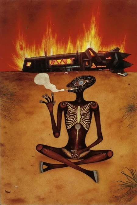 paulklee1 painting.
Xenomorph, puffing a cigarette, sitting cross-legged on the ground, a crashed burning spaceship wreckage in the background, desert <lora:paulklee1_cap_d8a4e6:1.0><lora:839167546847528934:0>