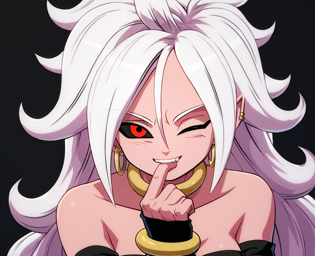 score_9, score_8_up, score_7_up, score_6_up, score_5_up, simple background, black background, <lora:Android_21_Fighterz_Style:0.8>, android21fz, pink skin, black sclera, red eyes,  white hair, long hair,  elbow gloves, bare shoulders, bracelet BREAK leaning forward, biting own finger, one eye closed, looking at viewer, light smile,
