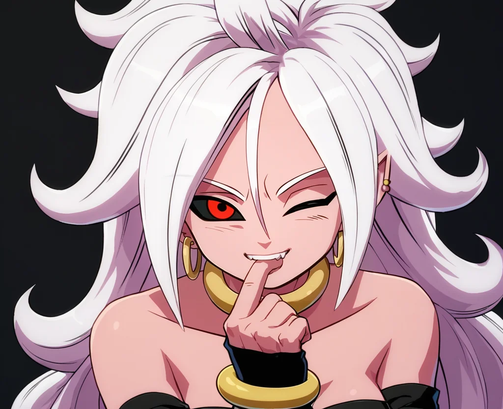 score_9, score_8_up, score_7_up, score_6_up, score_5_up, simple background, black background, <lora:Android_21_Fighterz_Style:0.8>, android21fz, pink skin, black sclera, red eyes, white hair, long hair, elbow gloves, bare shoulders, bracelet BREAK leaning forward, biting own finger, one eye closed, looking at viewer, light smile,