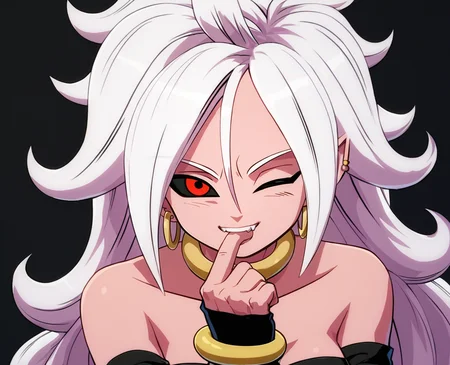 score_9, score_8_up, score_7_up, score_6_up, score_5_up, simple background, black background, <lora:Android_21_Fighterz_Style:0.8>, android21fz, pink skin, black sclera, red eyes, white hair, long hair, elbow gloves, bare shoulders, bracelet BREAK leaning forward, biting own finger, one eye closed, looking at viewer, light smile,