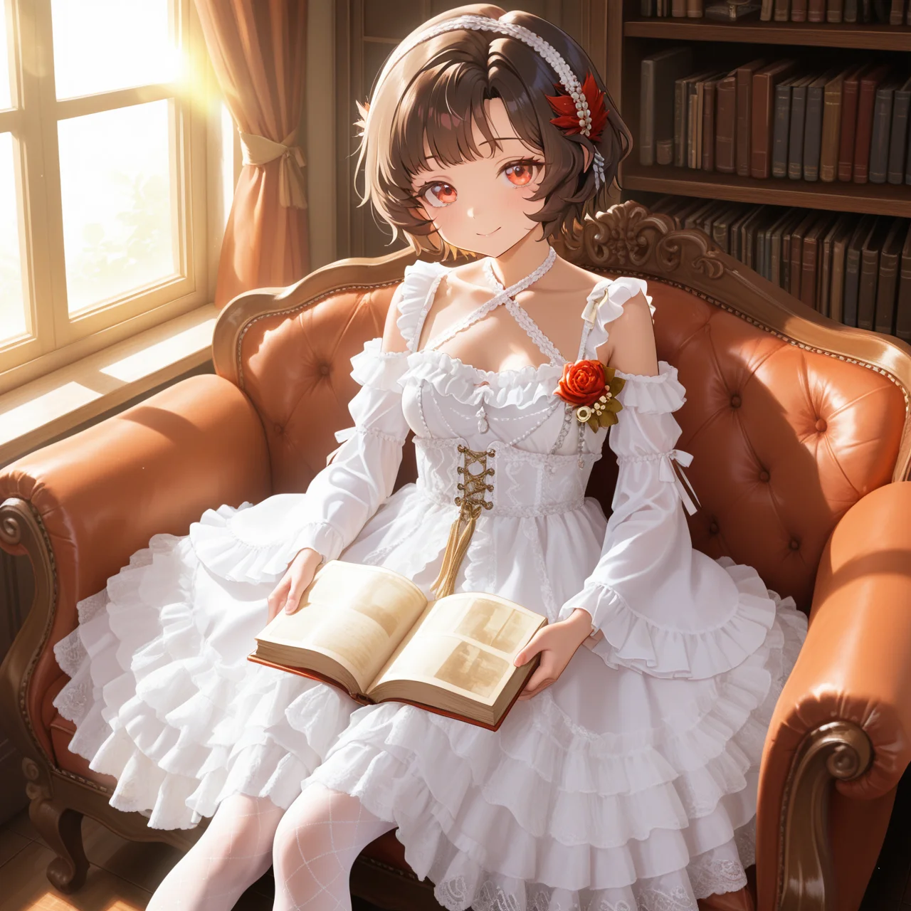 Positive: Masterpiece, best quality, amazing quality, very aesthetic, high resolution, ultra-detailed, absurdres,
1girl,solo,
schndef, short hair, feather hair ornament,small breasts,brown hair, red eyes,white hairband,
white off-shoulder lace ruffled dress,
white dress,white off-shoulder,lace,frills,
criss-cross halter,
corsage,jewelry,
long sleeves,detached sleeves,
white lace pantyhose,sitting on chairs,looking_at_viewer,
Sunlight, windows, bookcase, Holding an open book,
