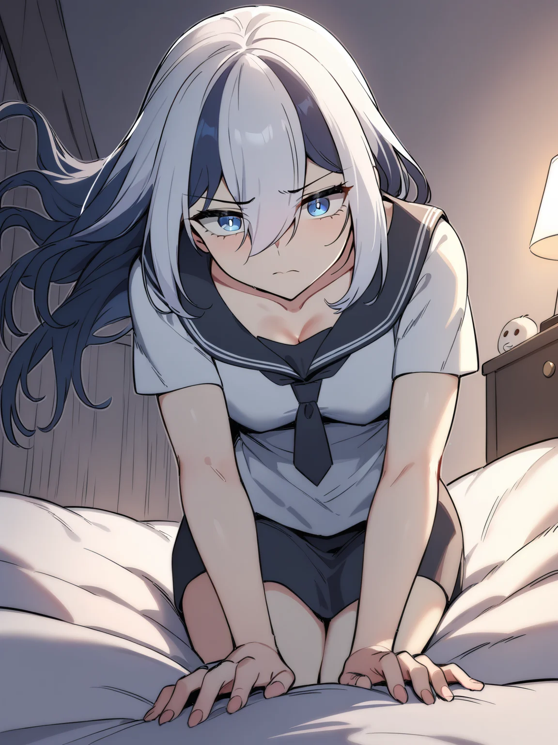 masterpiece,best quality,bedroom, bed, suddenly, forced to sit down, full body, pov, (nsfw),
<lora:kong_xl:0.85>,thrud kong, 1girl, solo, kong2, manga kong, long hair, blue eyes, multicolored hair, blue hair, hair between eyes, (sailor dress), collarbone, bangs, (floating hair),