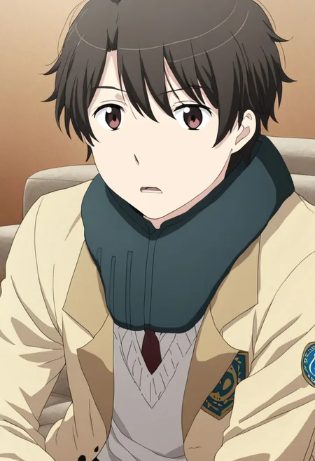 high resolution, solo, best quality, 1Boy, Inaho Kaizuka, Black Hair, Brown Eyes, deep talk, helpless, sit, couch, OverallDetail