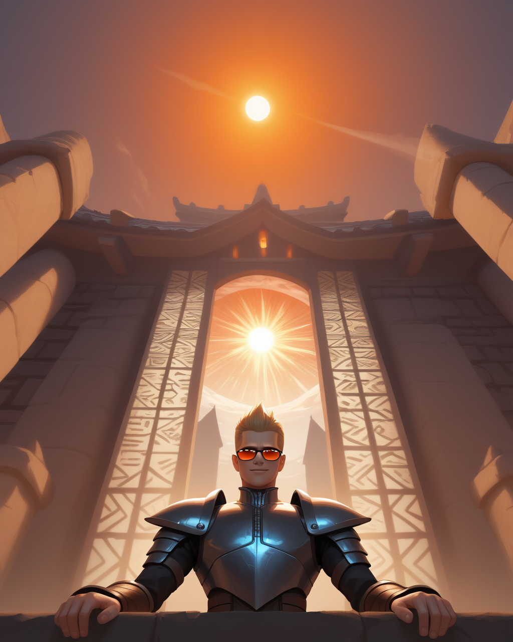 PonyScores7, source_anime, ah1, best quality, (masterpiece:1.4), (high quality:1.4), sharp focus, 4k, absurd resolution, <lora:albertwesker-guy-PONYv1:0.8> albertwesker, albert wesker, 1boy,  blonde, (sunglasses:1.3), looking at viewer, toned, athletic, fit, slicked back hair, mature male, short hair, (paladin, wearing silver armor with a shield emblazoned with a sun symbol defending a village from dark forces), (Ancient temple surrounded by misty mountains), bad-hands-5, ((squinting eyes smile expression)), <lora:xl_more_art-full_v1:0.2>, <lora:shinyskin2:0.2> glistening skin, <lora:aesthetic_anime_v1s:0.2>, <lora:Expressive_H:0.2> Expressiveh, <lora:hairdetailpxl:0.2> hairdetailpxl, <lora:detailxl:0.2> detailxl, (Low angle view Extreme Close shot (focus on knees)), (Undershirt), (focused, intense glare), short hair, (reddish orange eyes, slit pupils), best quality, amazing quality, best aesthetic, absurdres, <lora:expressive eyes:0.2> expressive eyes, <lora:eyedetailpxl:0.2> eyedetailpxl, illustration, Volumetric_Lighting, ultra-detailed, very aesthetic, intricate details, 8k, masterpiece, best_quality, (angular face, sharp_featured face), <lora:Eyes_High_Definition:0.2> EyesHD, handsome, charming, alluring, AS-MidAged,