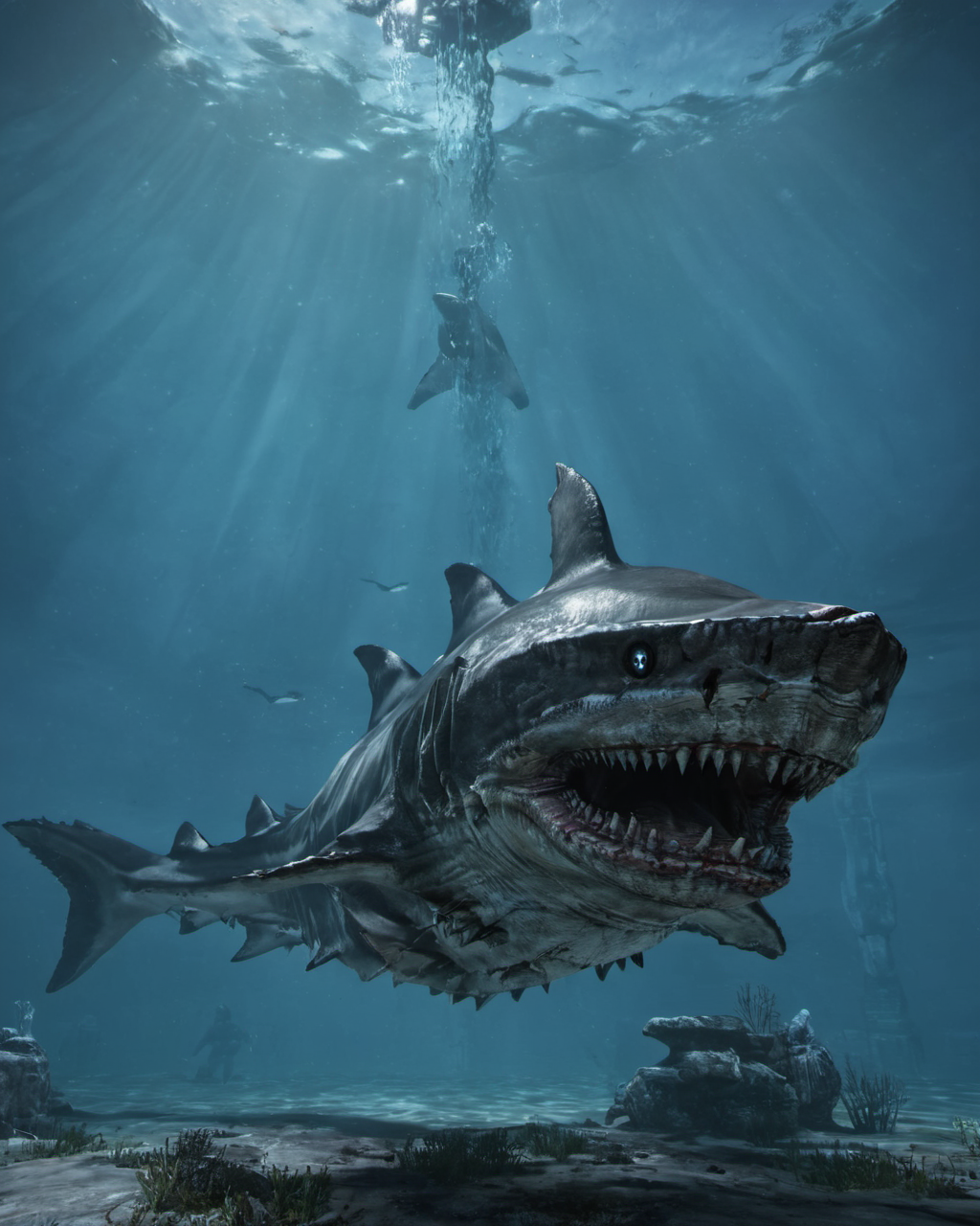 giant shark underwater,cinematic,50nm dof,bokeh,realistic,sharp focus,ultra detailed,128k uhd,awardwinning,trending on artstation, <lora:Colossus-000004:0.9>