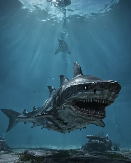 giant shark underwater,cinematic,50nm dof,bokeh,realistic,sharp focus,ultra detailed,128k uhd,awardwinning,trending on artstation, <lora:Colossus-000004:0.9>