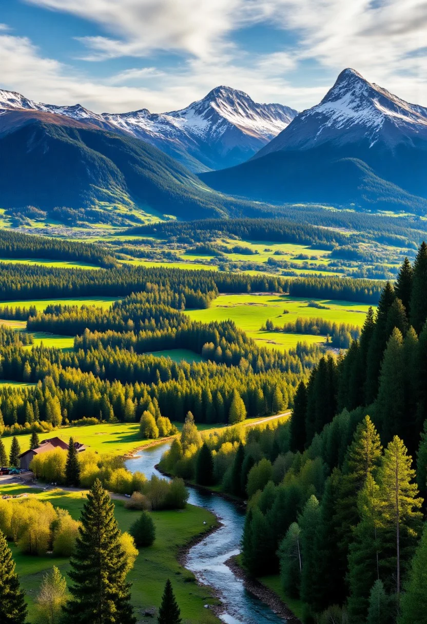 aidmaHyperrealism, From a soaring vantage point, the landscape unfolds in breathtaking details majestic mountain range crowned with pristine snow, each peak a unique sentinel rising toward the heavens. Their rugged slopes catch the golden glow of the sun, casting dramatic shadows that ripple across the terrain. Below, a vast, emerald plain stretches wide, a patchwork of fertile farmland thriving under nature careful balance. Neatly arranged fields and orchards dot the countryside, their vibrant hues weaving a tapestry of life and abundance.
A mighty river, shimmering under the daylight, winds gracefully through the land, its meandering path nourishing the earth and sustaining all who call this paradise home. Along its banks, clusters of trees stand tall, their leaves whispering in the breeze as they frame the endless expanse. The air is crisp, carrying the scent of fresh earth and flowing water, while the distant peaks remain steadfast, an eternal testament to time`s patient craftsmanship. This aerial masterpiece highly detailed, photorealistic, and sublimes captures the harmonious dance between raw wilderness and cultivated beauty, a sanctuary where nature's grandeur and human endeavor meet. aidmaimageupgrader, aidmamj6.1