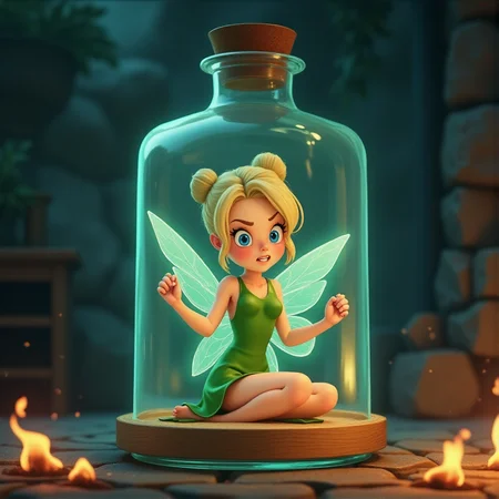 <lora:TinkerBellV2-FLUX:0.8> Animated Films of TinkerWaifu, She is inside a glass bottle, she is sitting looking furious, fists clenched, solo focus, fairy wings, blue eyes, green dress, sexy, hair bun, blonde, dark room, cobblestone, fire, pastel colors, perfect composition, dynamic shot, Animated Films,  creative visuals, cowboy_shot <lora:lora:1> Jedhydipa