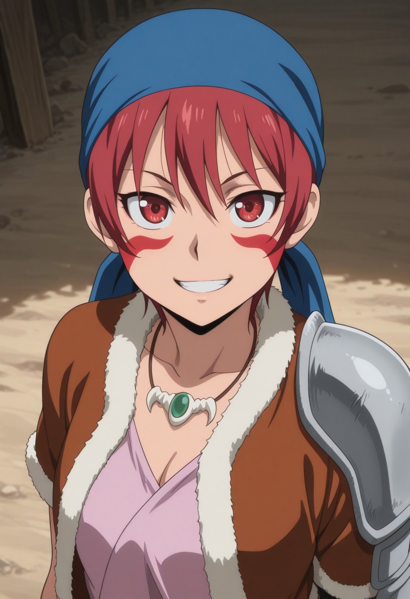 masterpiece,best quality,amazing quality, source_anime, 
alfarid, 1girl, solo, facepaint, red eyes, red hair, blue bandana, necklace, pink shirt, brown jacket, fur trim, shoulder armor, grin,