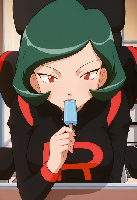 masterpiece, best quality, good quality, <lora:PMWendyIL:0.9>, PMWendy, 1girl, solo, green hair, short hair, red eyes, lipstick, breasts, 
team rocket uniform, black short dress, long sleeves, brown pantyhose, 
sucking popsicle, upper body, saliva trail, looking at viewer, seductive smile, 
BREAK indoors, swivel chair,