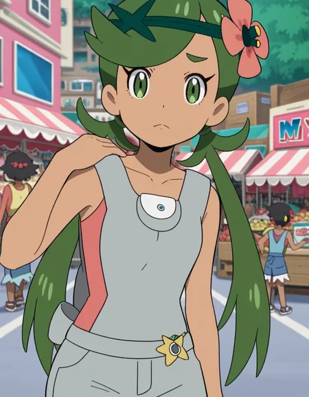 score_9, score_8_up, score_7_up, source_anime, <lora:pokemon-mallow-anime-ponyxl-lora-nochekaiser:1>, mallow, long hair, bangs, hair ornament, twintails, green eyes, flower, green hair, hair flower, dark skin, dark-skinned female, swept bangs, mallow (pokemon), collarbone, sleeveless, pink shirt, overalls,, street market, vendor, street food, bustling crowd, local flavor, vibrant, , looking at viewer, foot on ground, hand on shoulder, elbow out, solo,, cowboy shot, dutch angle