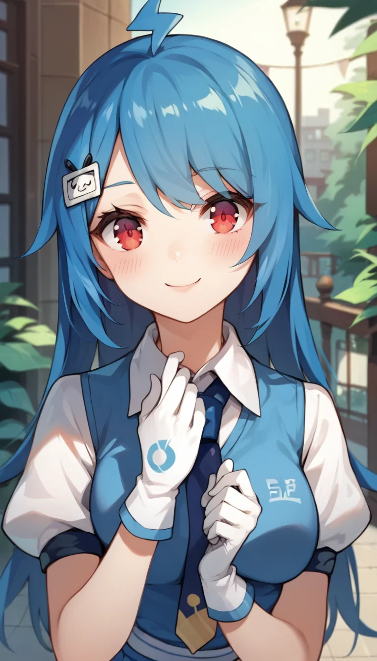 score_9,score_8_up,score_7_up,score_6_up BREAK official art,solo,outdoors,upper body,(portrait:1.5),looking at viewer,facing viewer,smile,blush,22,ahoge,long hair,blue hair,hair ornament,hairclip,bangs,red eyes,blue vest,blue necktie,white shirt,collared shirt,puffy short sleeves,white gloves,medium breasts,miniskirt,blue skirt,pleated skirt,zettai ryouiki,black thighhighs,loafers,black footwear,<lora:22 Niang(bilibili)-Pony:1.5>,
