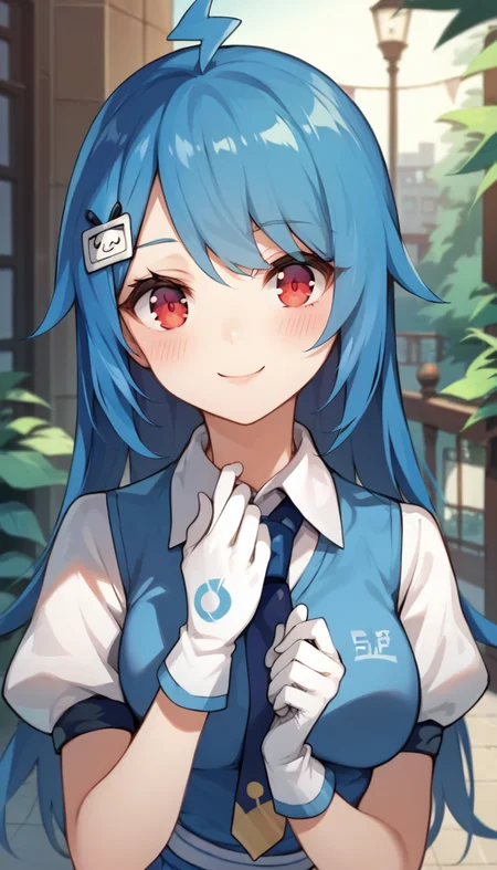 score_9,score_8_up,score_7_up,score_6_up BREAK official art,solo,outdoors,upper body,(portrait:1.5),looking at viewer,facing viewer,smile,blush,22,ahoge,long hair,blue hair,hair ornament,hairclip,bangs,red eyes,blue vest,blue necktie,white shirt,collared shirt,puffy short sleeves,white gloves,medium breasts,miniskirt,blue skirt,pleated skirt,zettai ryouiki,black thighhighs,loafers,black footwear,<lora:22 Niang(bilibili)-Pony:1.5>,