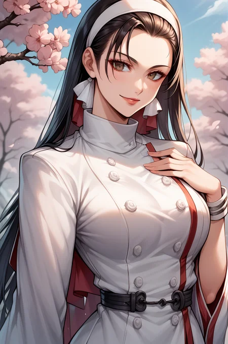 score_9, score_8_up, score_7_up, score_6_up, source_anime, BREAK masterpiece, <lora:ChizuruKOF:1>, ChizuruKOF, hair slicked back, long hair, white hairband, japanese clothes, belt, wide sleeves, hand on own chest, light smile, looking at viewer, cherry blossoms, upper body, close-up,